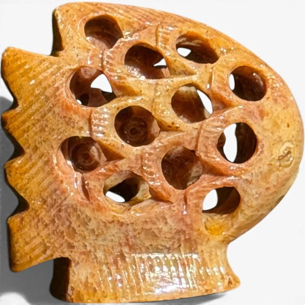 Figurine‎ Soapstone Fish Carved Amber Brown Reticulated Stone Vintage Decor